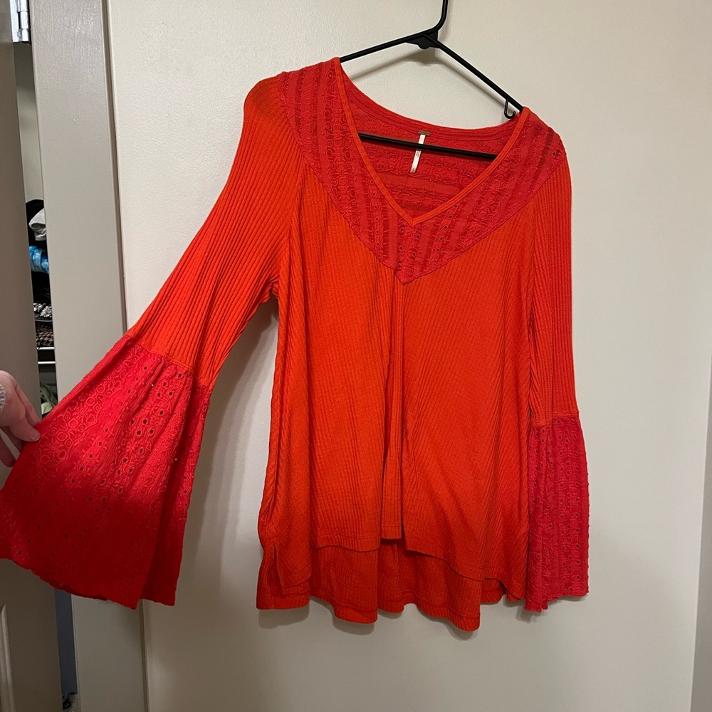 Free People Bell Sleeve Blouse Orange Red Embroidered Lace Flowy Top